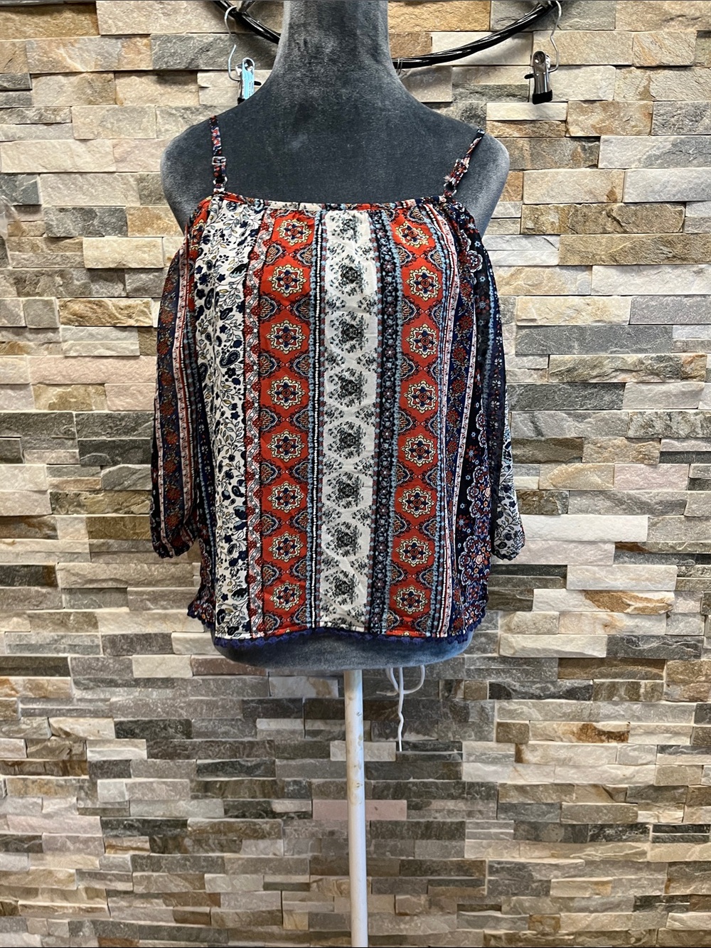 living doll Red, Navy & Cream Cold-Shoulder Striped Boho Top